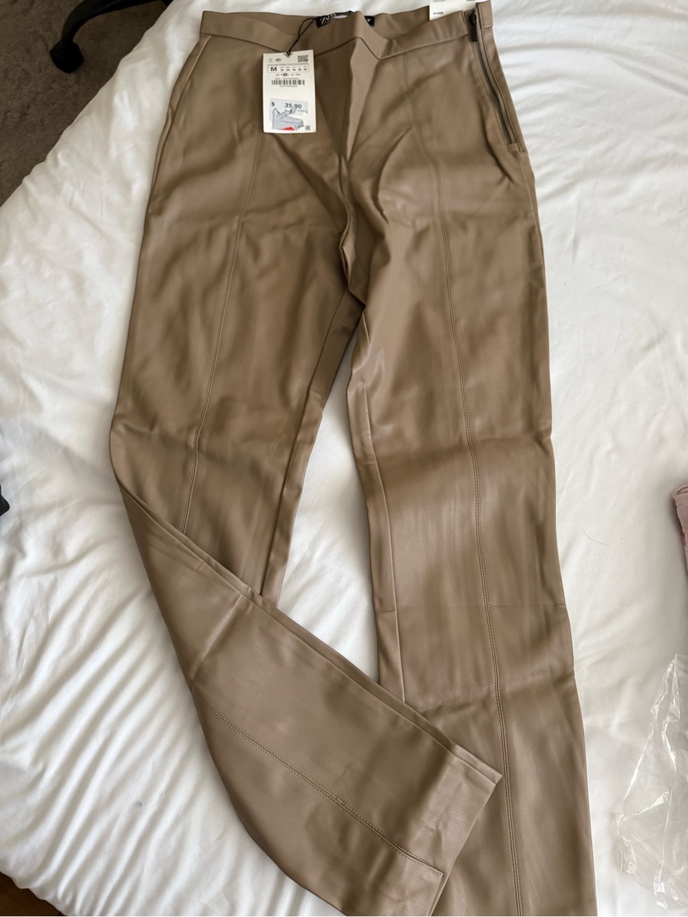 Zara Men's Faux Leather Dress Pants in Taupe Brown